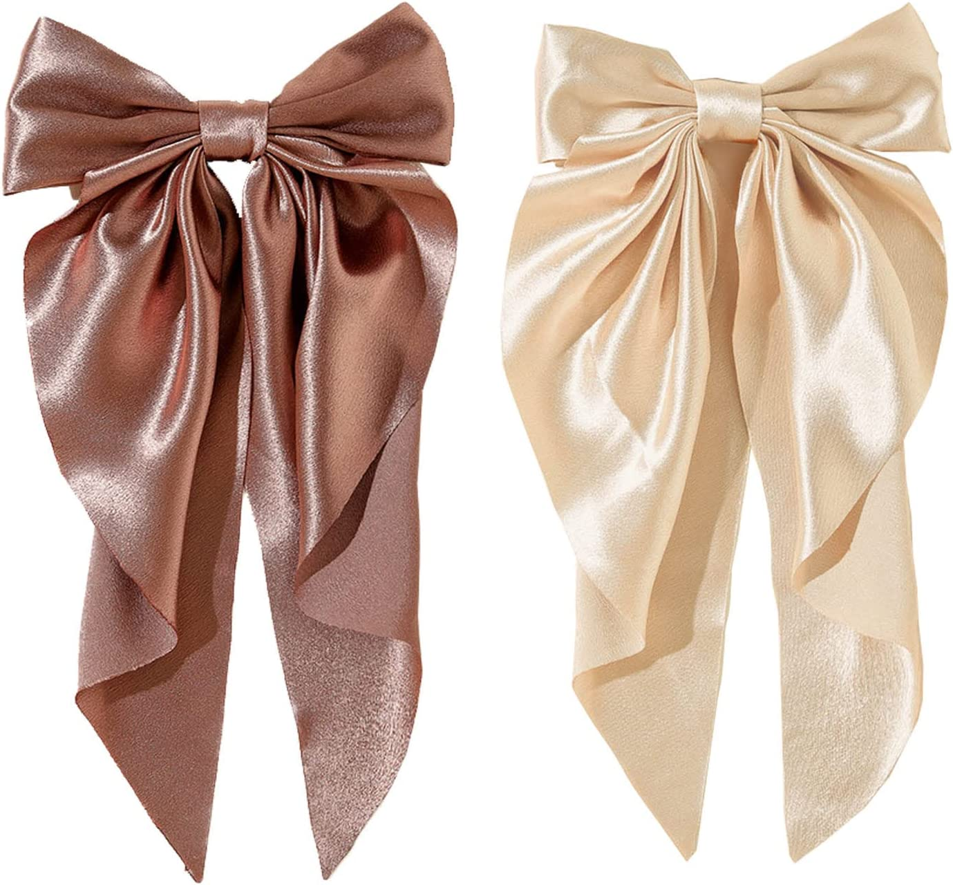 LERTREEUK Large Bow French Style Plain Knotted Hair Clips with Long Ribbon for Women and Girls (Champagne+Brown) 2 Pieces image number 3