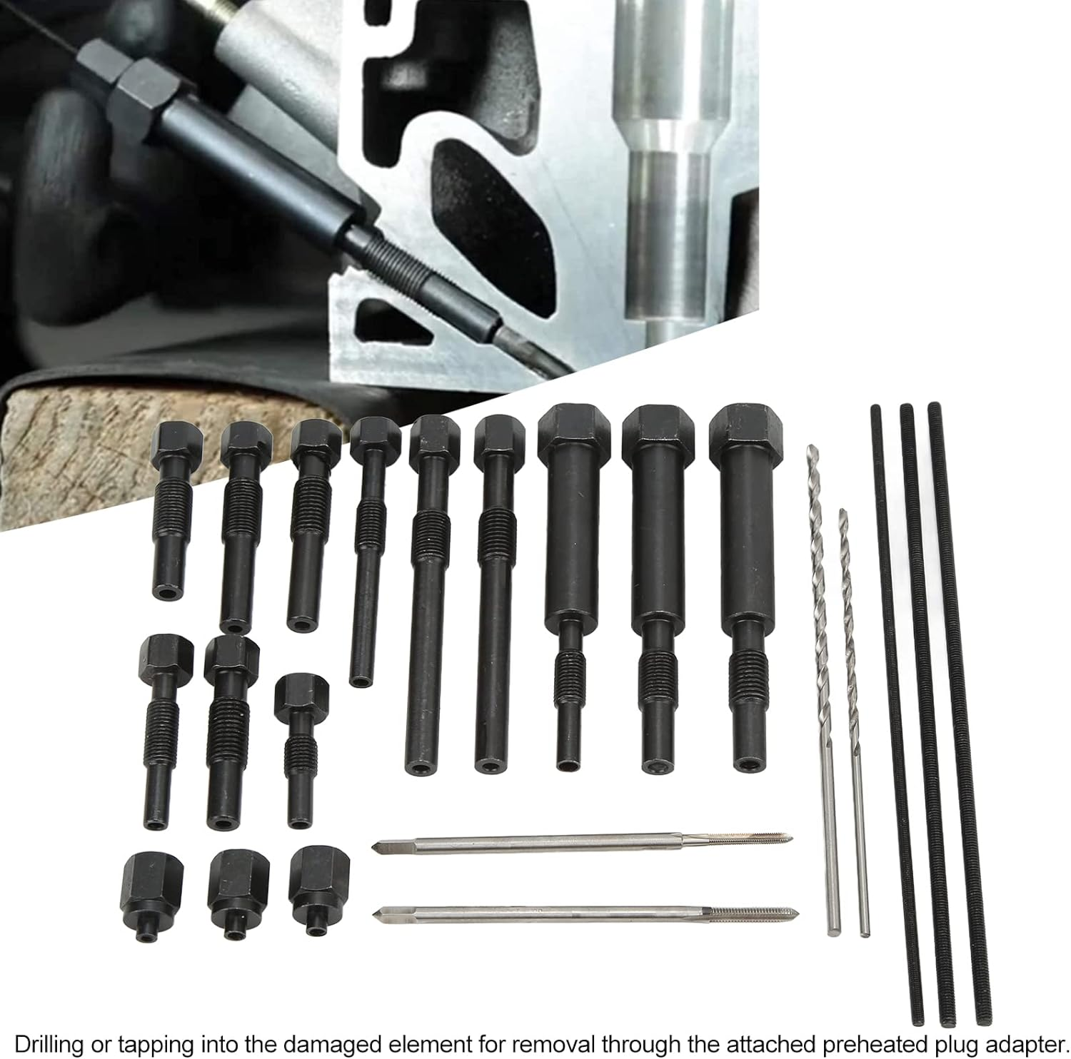 Brilluxa Glow Plug Removal Tool Kit, Glow Plug Extractor Set, 22PCS Metal Portable Extraction Kit, Automotive Pulling Tool Set, Engine Maintenance Repair Tool, Vehicle Workshop Equipment image number 5