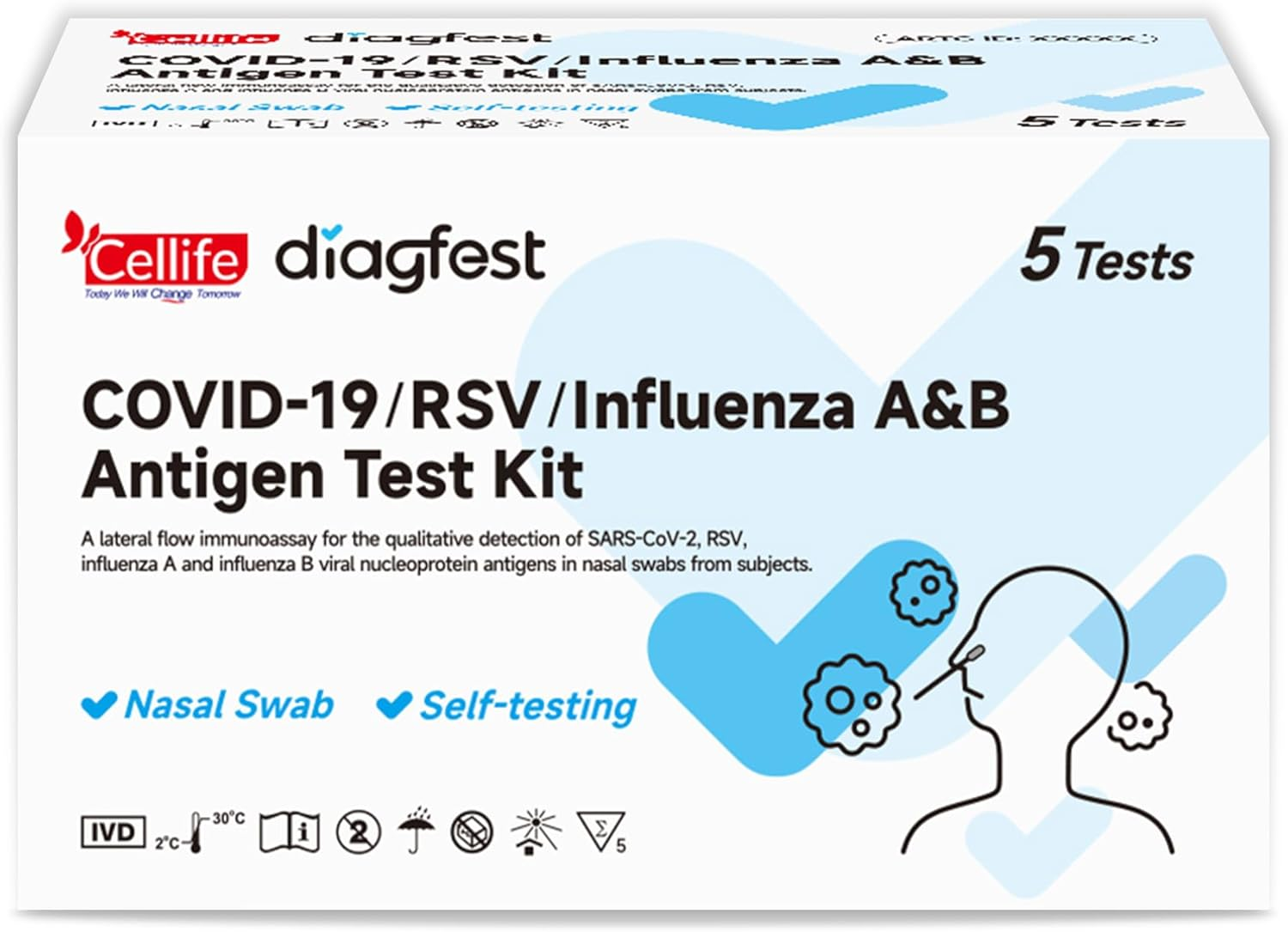 Cellife COVID-19, RSV, Influenza A&B Antigen Test Kit, 3-In-1 Home Self Test, Nasal Swab, Rapid Results in 15 Minutes, 5 Pack (5 Tests Total)
