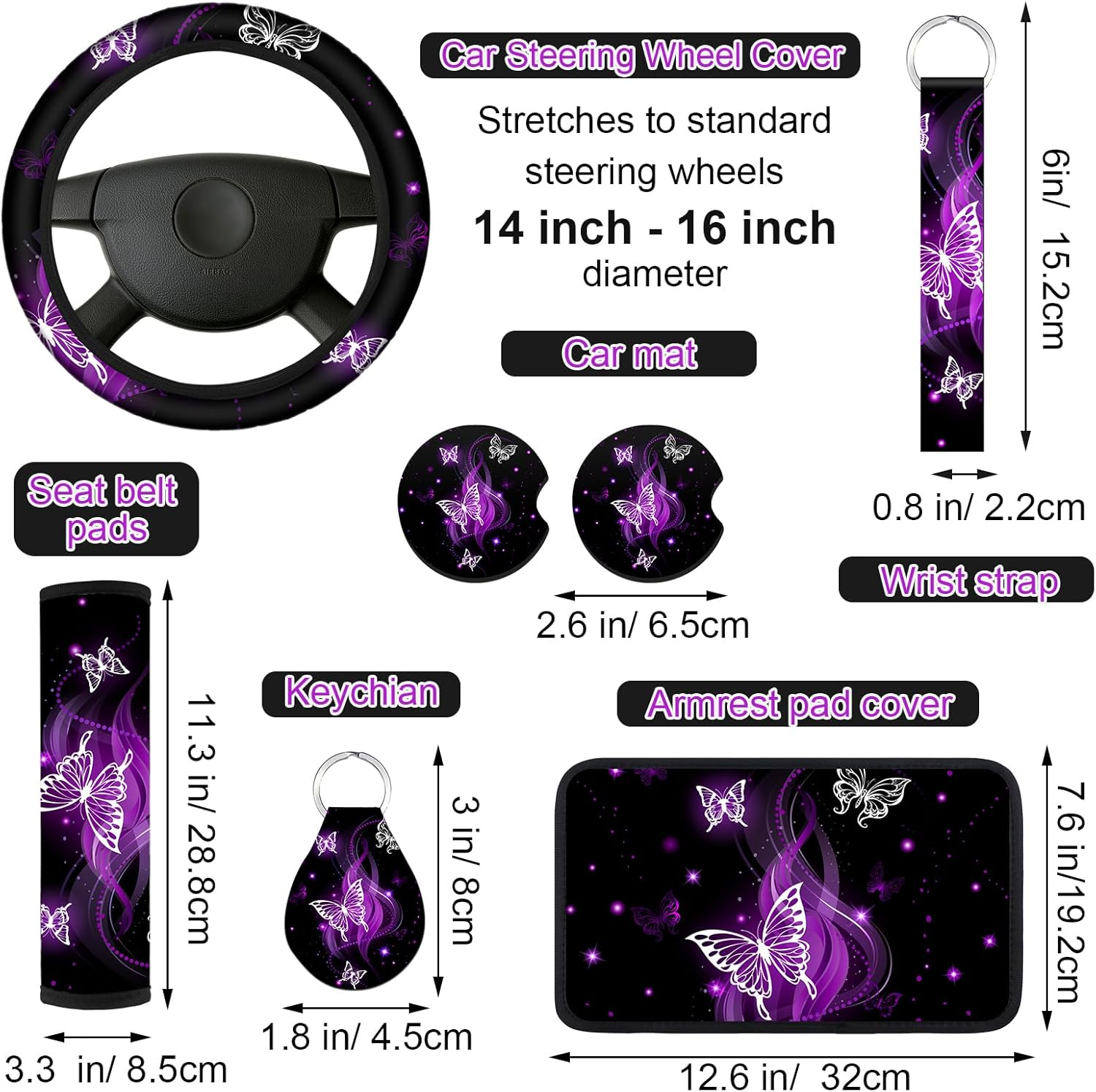 15 Pcs Butterfly Car Seat Covers Full Set Butterfly Front Rear Seat Covers Steering Wheel Cover Wrist Strap Coasters Armrest Shoulder Pads (Purple Glitter Butterfly Style) - Classic Butterfly Style image number 5