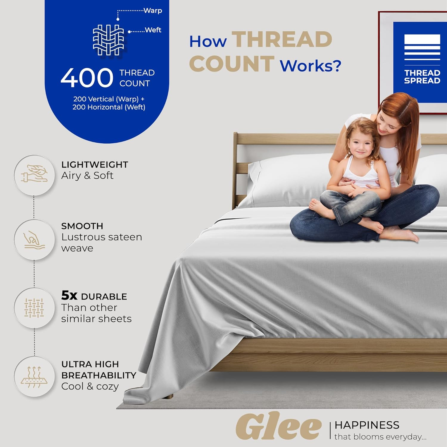 400TC Egyptian Quality 100% Cotton Sheet Set, Split King Size Bedding Set in Silver