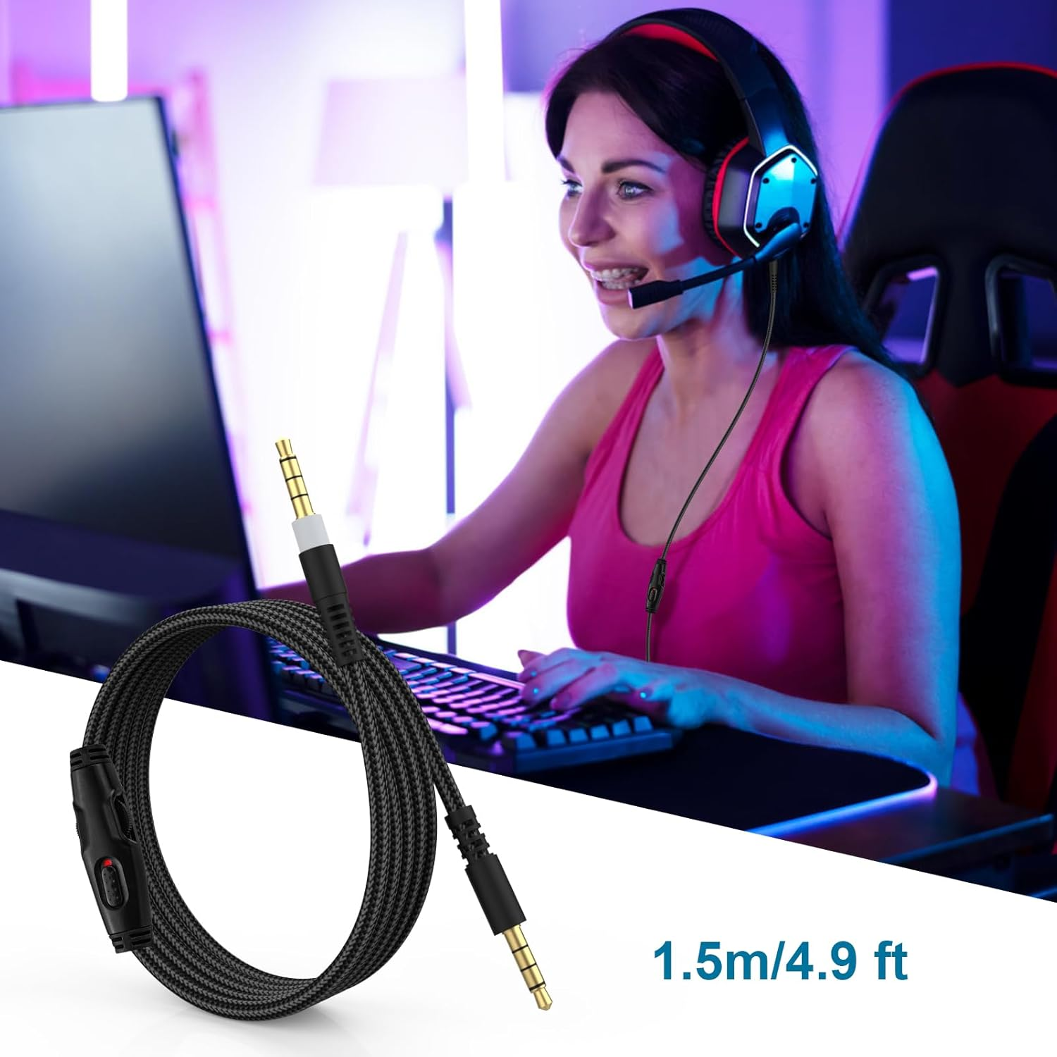 Cloud Alpha Cable Cord for Kingston Cloud Mix Alpha Flight & Logitech G633 G933 Gaming Headset, with Mute & Volume Controls (No Mic, 4.9FT) image number 1