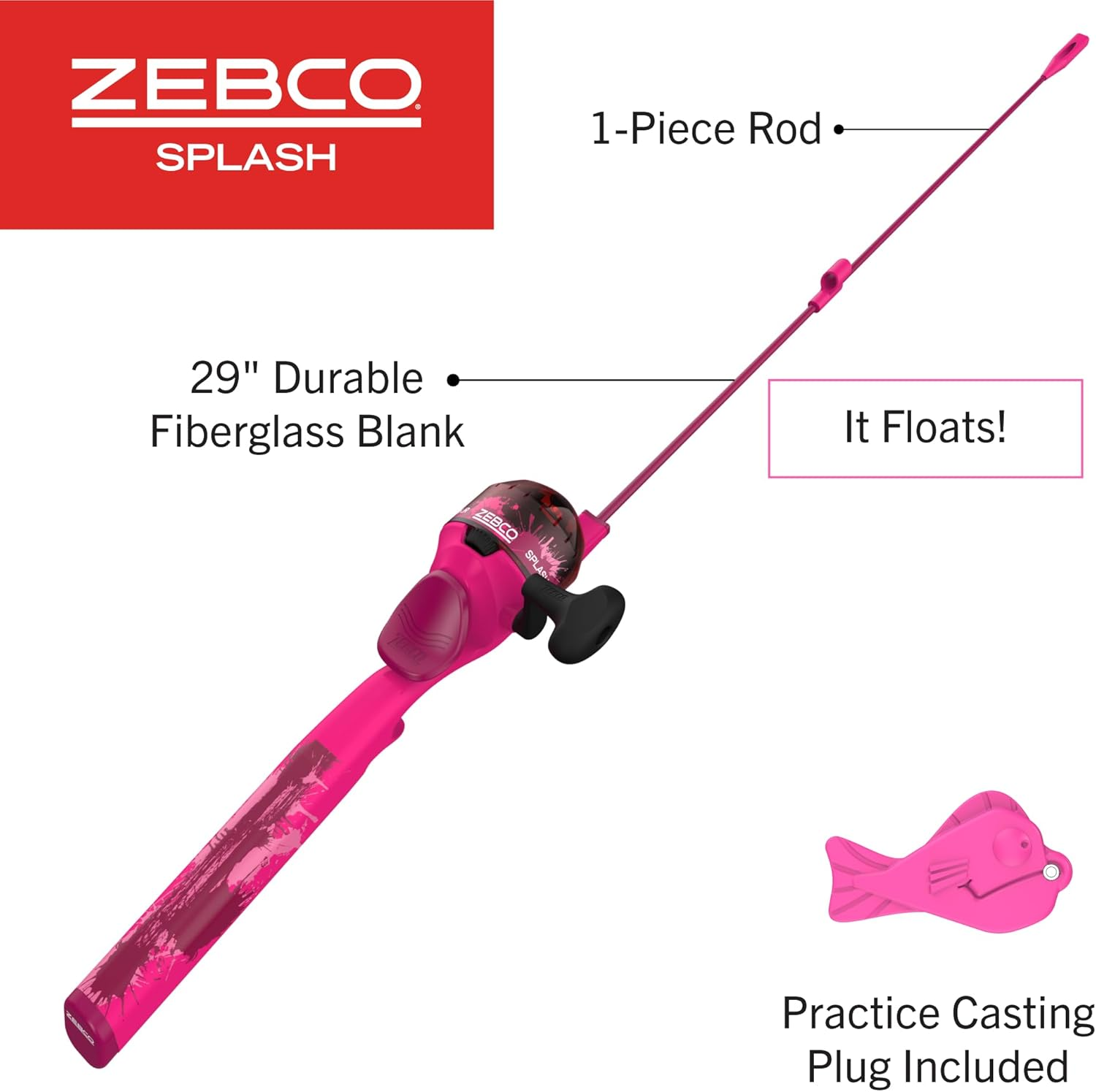 Zebco Splash Kids Spincast Reel and Fishing Rod Combo, 29" Durable Floating Fiberglass Rod with Tangle-Free Design, Oversized Reel Handle Knob, Pre-Spooled with 6-Pound Zebco Fishing Line image number 2