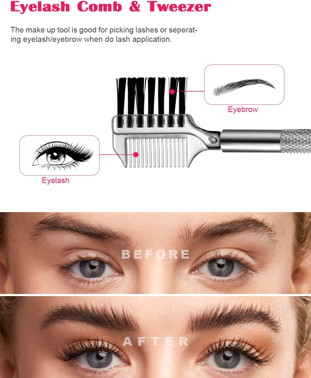 FVION 2 Pieces Eyelash Enhancer, Curved Eyelash Extension Tweezers/Eyebrow Brushes - Tweezers for False Eyelash Extensions, Eyelash Separator Comb, Lash Lift Makeup Tool - Pack Of 2 Pink image number 2