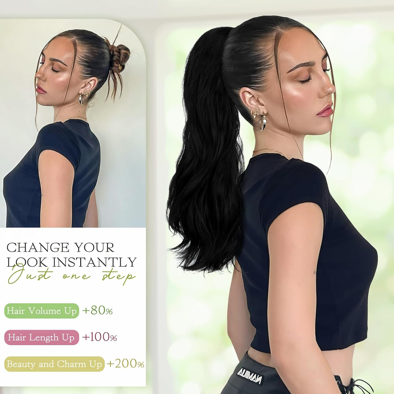 Ponytail Extension Claw 18" Natural-Looking Synthetic Wavy Long Pony Tails Hair Extensions Dark Black Clip-In Hairpiece for Women image number 2