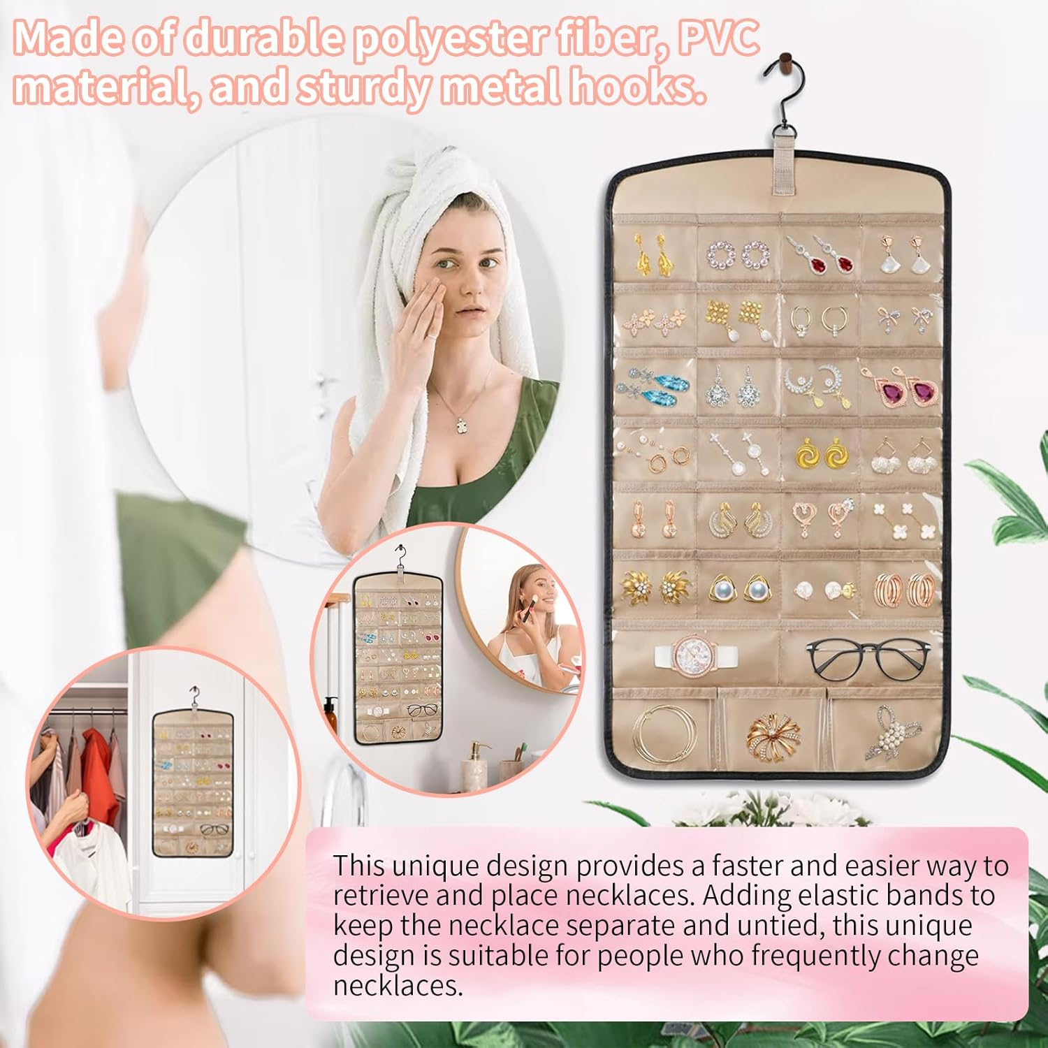 Hanging Jewelry Organizer with Rotating Metal Hook, 20 Pockets Earring Holder Organizer, Necklace Holder Anti-Tangle Earrings Rings Hanger, Double-Sided Jewelry Holder for Earrings Necklaces Ring (BK) - Pk image number 6