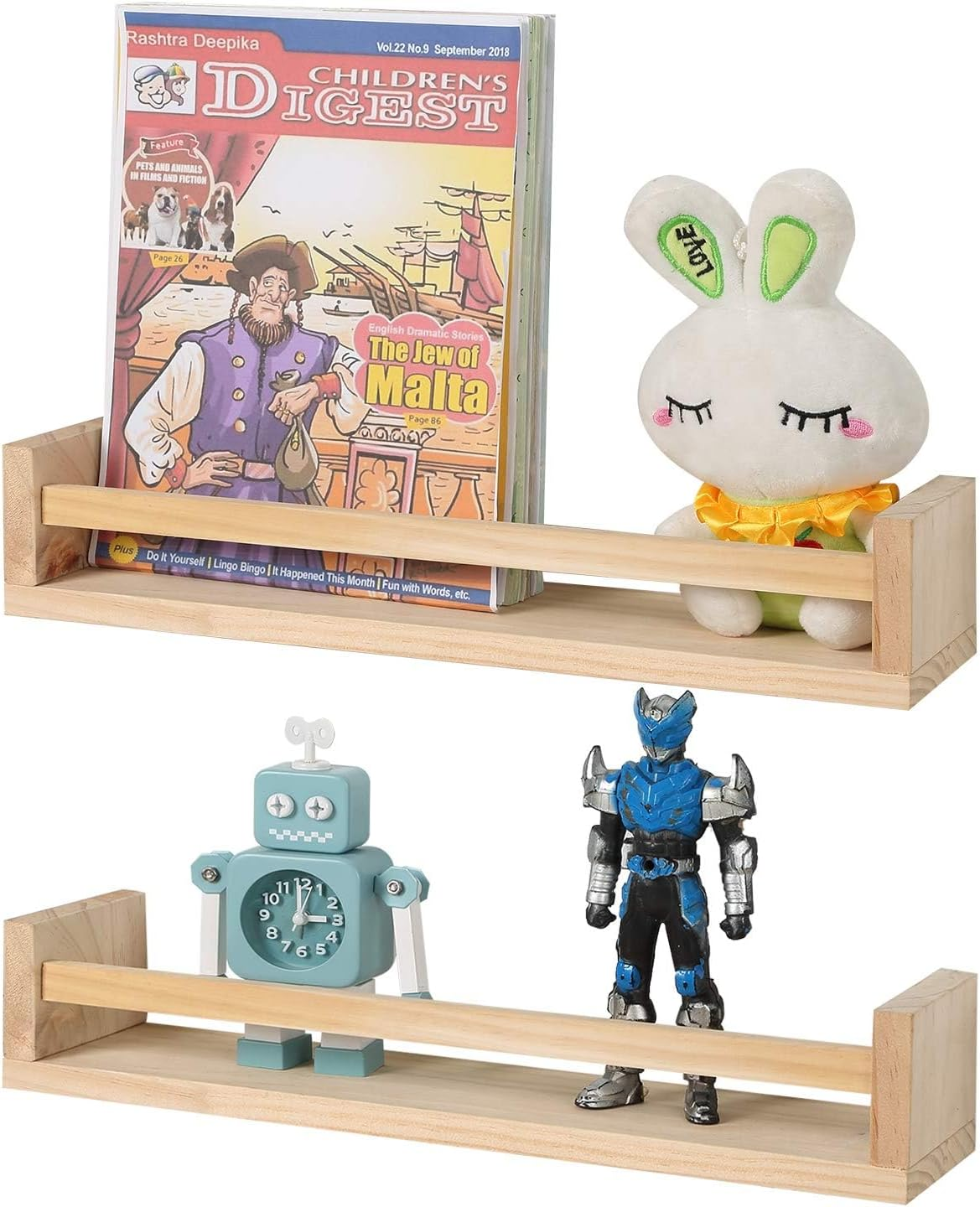 2 Pack Nursery Book Shelves, Wood Floating Book Shelves, Rustic Baby Nursery Shelf Decor for Bedroom, Living Room (Brown) image number 4