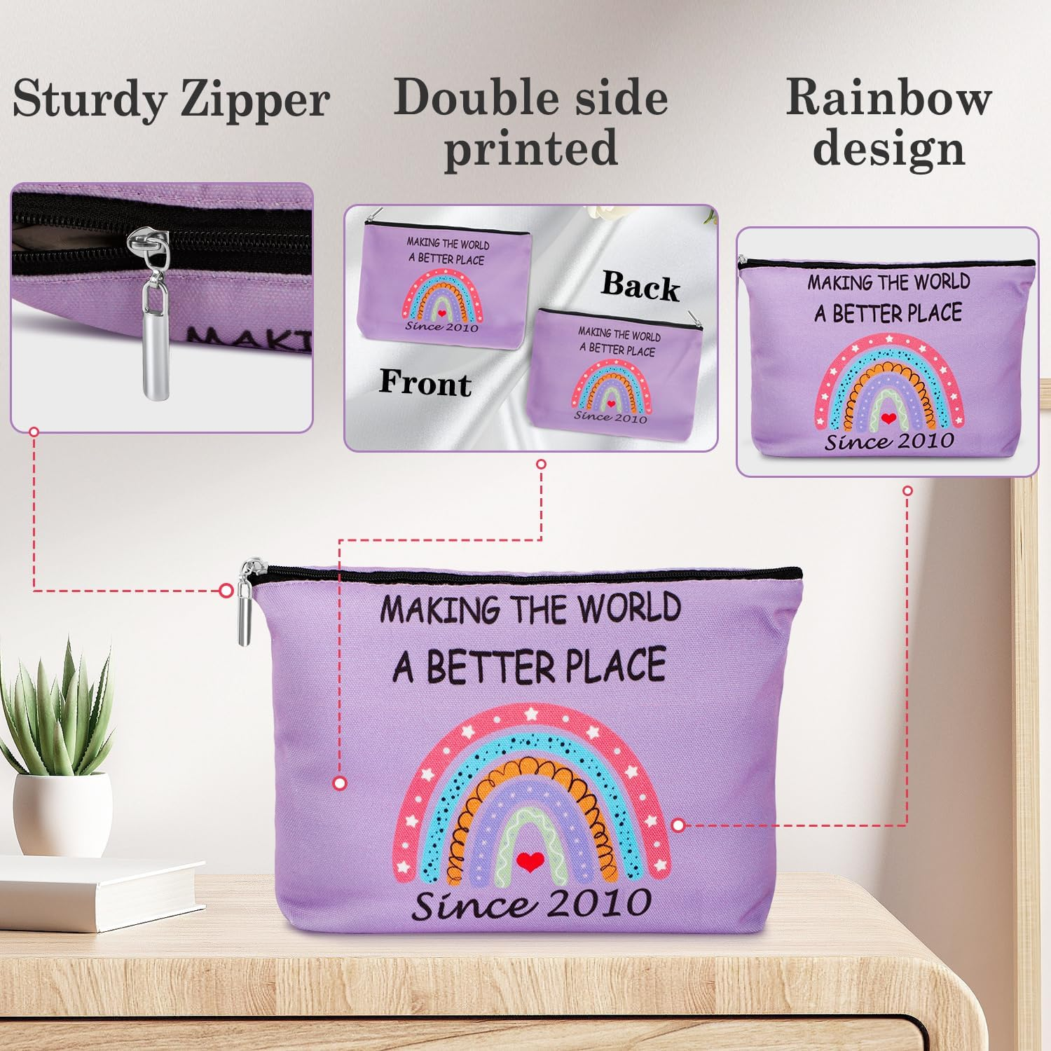 Yeohjoy 15Th Birthday Gifts for Girls: Purple Rainbow Makeup Bag & Inspirational Keychain, Perfect for Daughter, Niece, Granddaughter, Travel & Daily Use image number 5