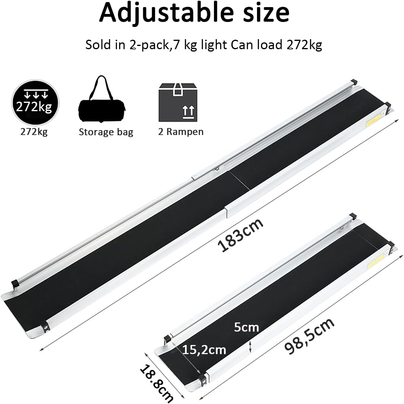 2PCS Telescopic Wheelchair Ramp 98.5-183Cm, Gardhom Adjustable Portable Aluminum Non-Slip Telescopic Ramp with 272KG Store Capacity for Stairs Obstacles House Steps in Textile Bag image number 2
