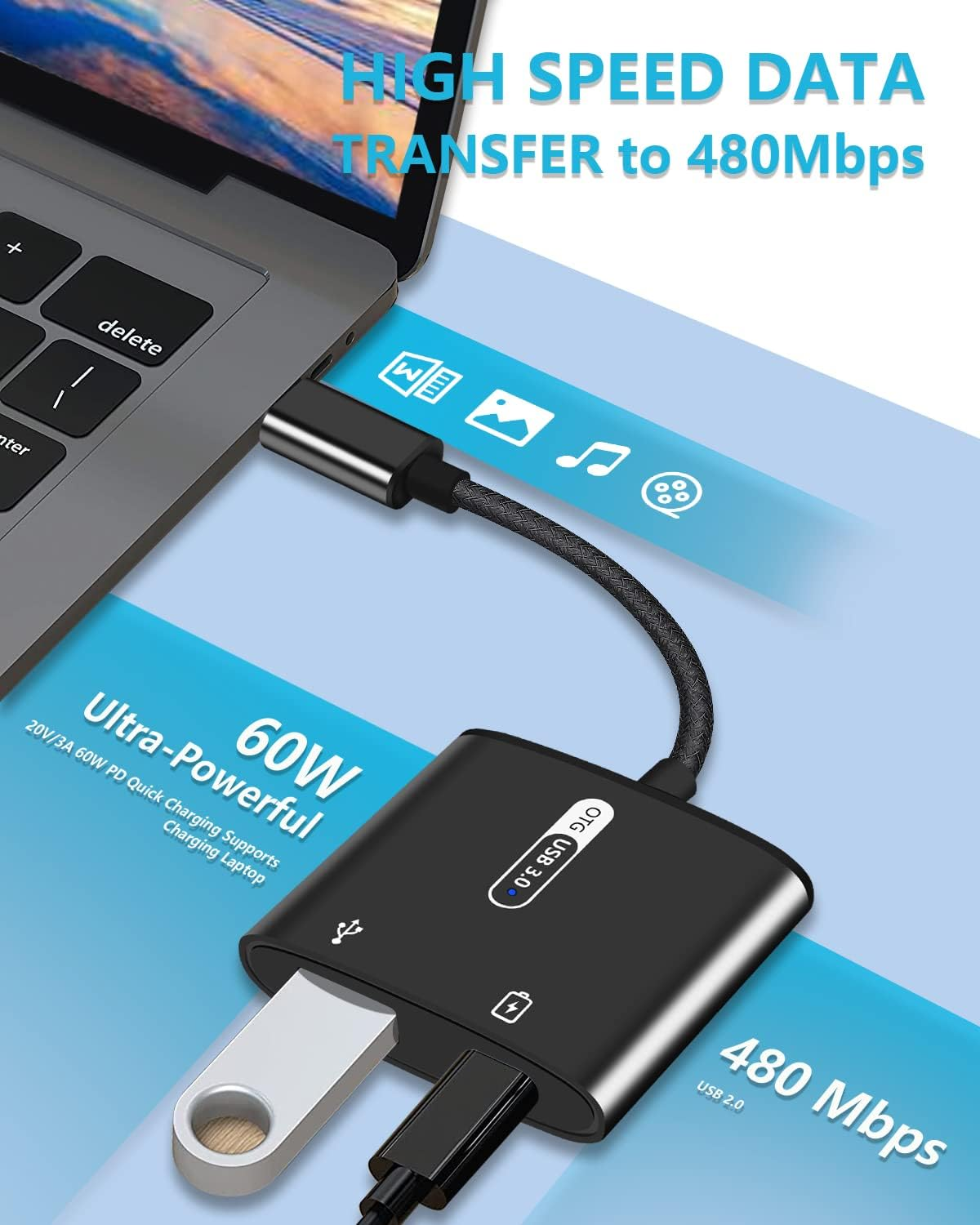 Azddur USB C OTG Adapter with Power, 2 in 1 USB C to USB with 60W PD Charging, Compatible with Ipad Pro, Dell XPS, Galaxy S21/S20+/Note10, Google Pixel 5/4XL, Chromecast with Google TV image number 5