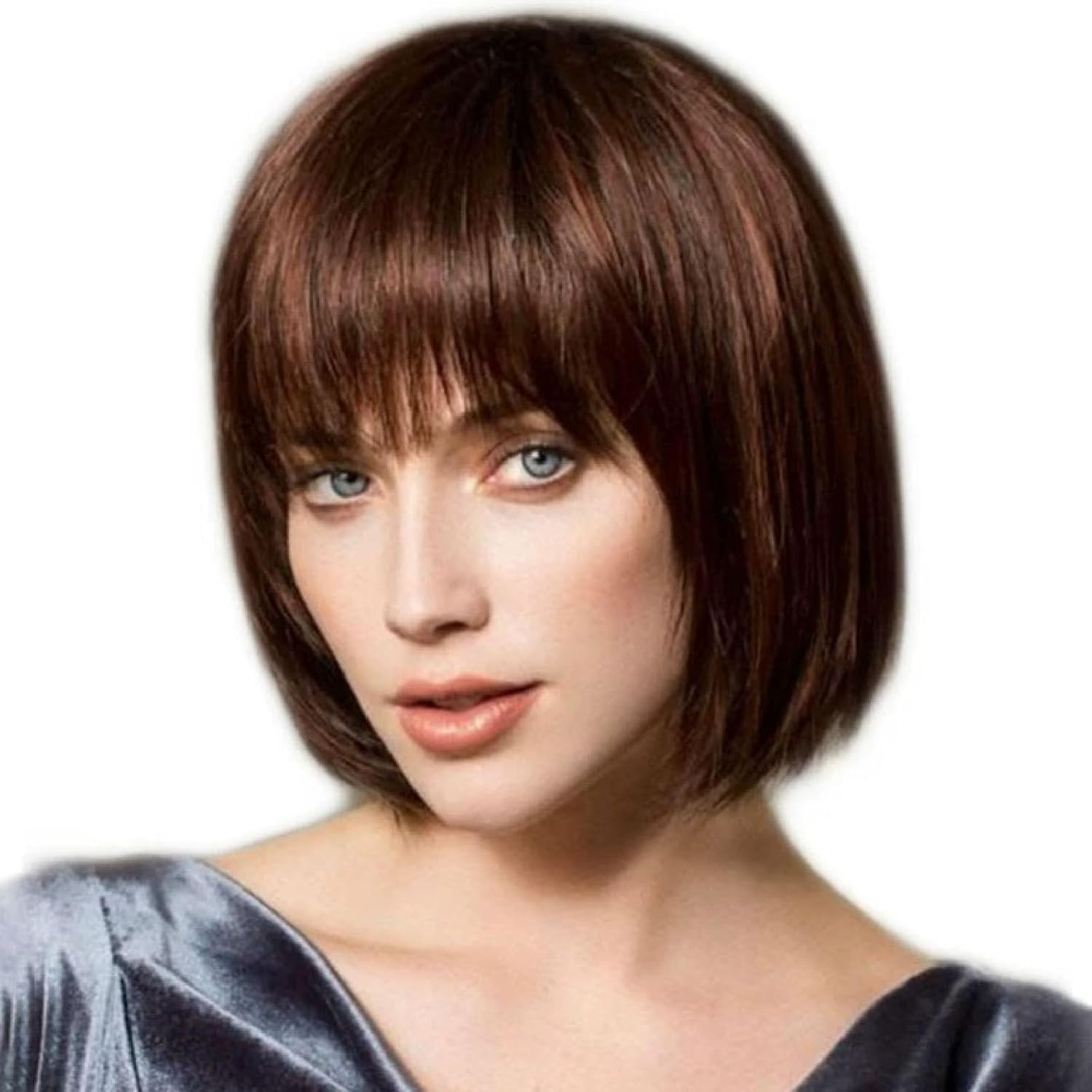 Short Brown Wigs,Brown Wig with Bangs Fashion Short Straight Flat Bang Wigs for Girls Straight Bangs Wig for Women for Daily Use image number 1