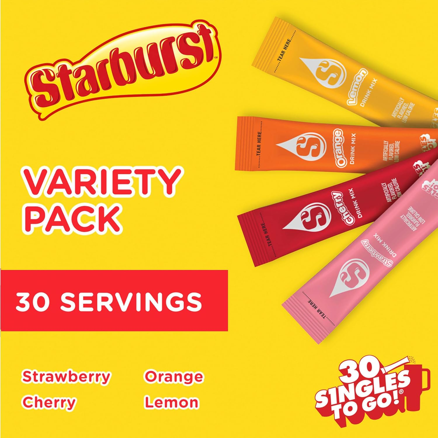 Starburst Singles to Go Variety Pack, Watertok Powdered Drink Mix, Includes 4 Flavors, Strawberry, Cherry, Orange and Lemon 1 Box (30 Servings) image number 5