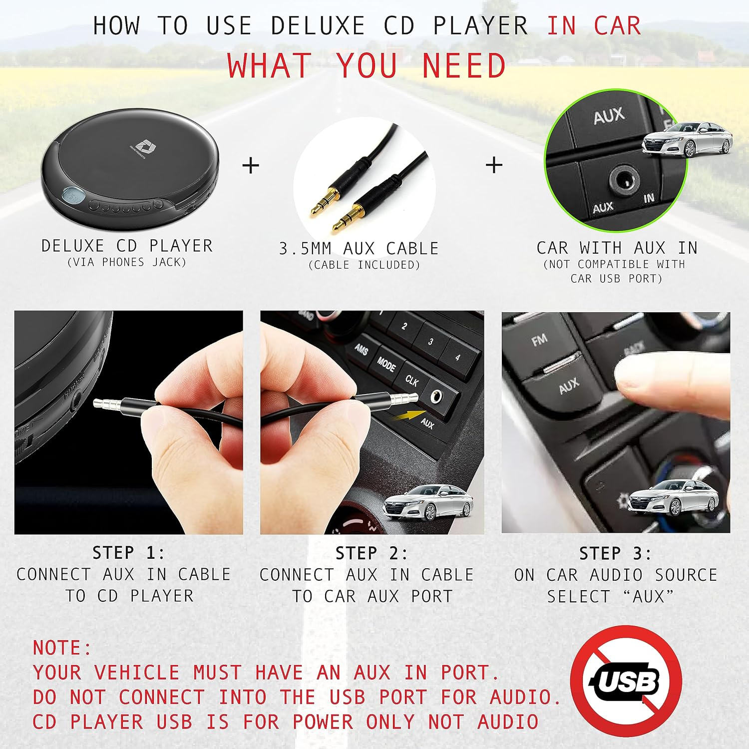 Deluxe Products CD Player Portable with 60 Second anti Skip, Stereo Earbuds, Includes Aux in Cable and AC USB Power Cable for Use at Home or in Car image number 2