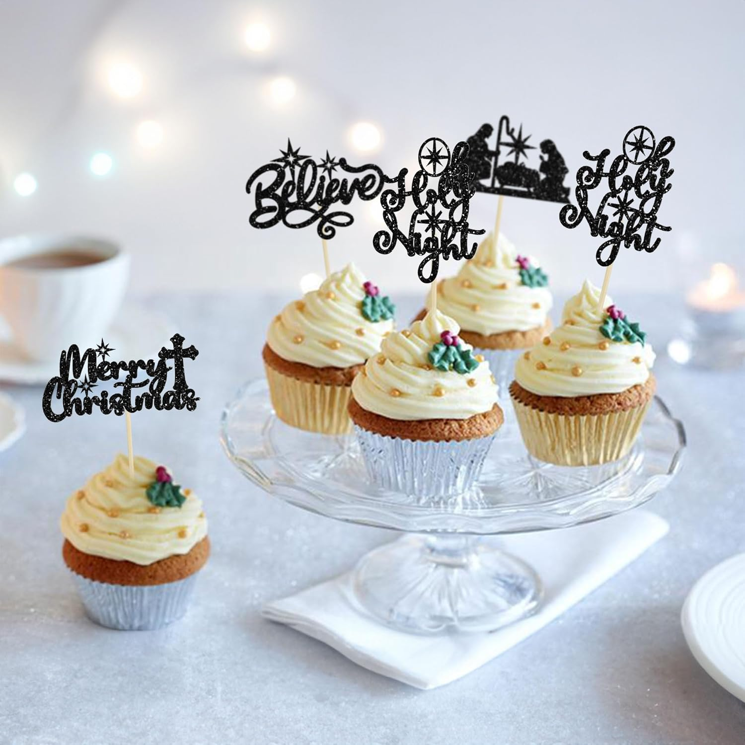 24Pcs Christmas Nativity Cupcake Toppers Glitter Holy Night Blessed Hope Believe Jesus Birthday Cupcake Picks for Nativity Scene Theme Merry Christmas Party Cake Decorations Supplies Black