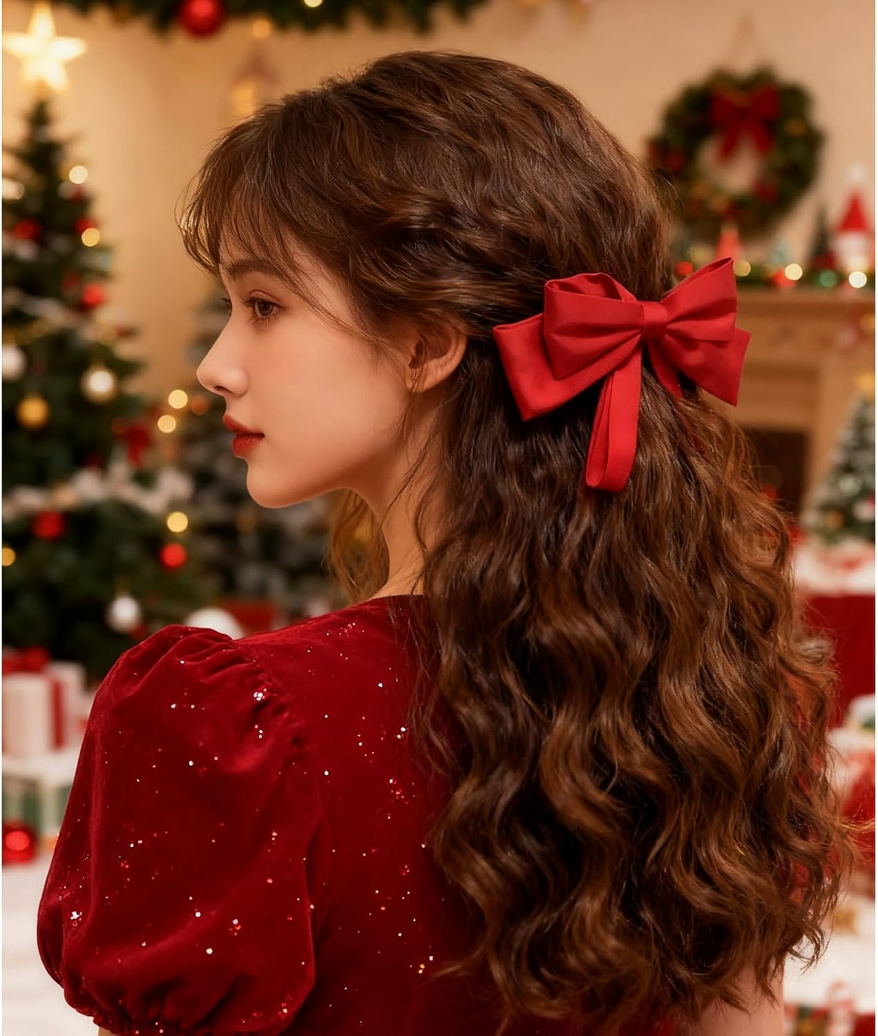 Red Hair Bows for Women Bow Hair Clips Silky Satin Bow Clips Cute Hair Bow Clips French Hair Band Bow Long Tail Bows Wedding Bow Barrette Bowknot Black White image number 4