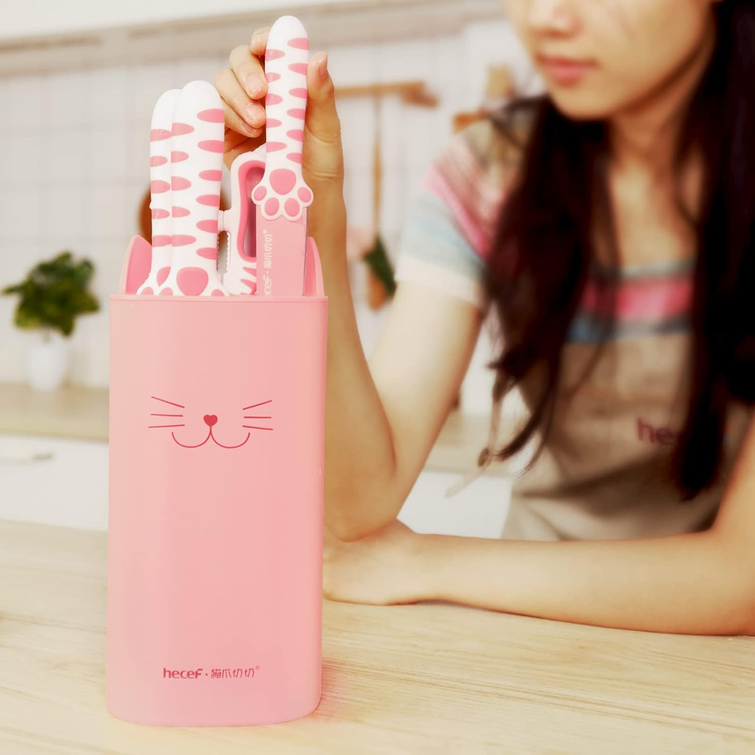 Hecef Cute Kitchen Knife Set,5-Piece Non-Stcik Knives Set with Detachable Block and Scissors,Sharp Kitchen Knives for Chopping, Slicing, Dicing and Cutting, Gift Housewarming Birthday (Pink) image number 3