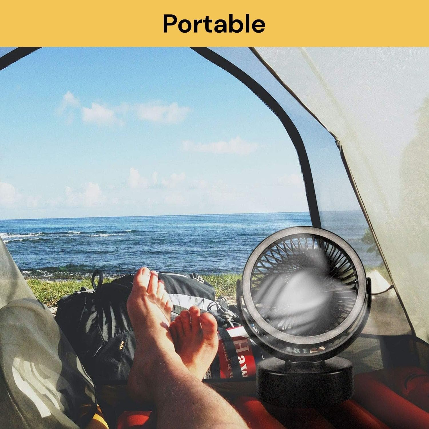 EZONEDEAL 5000Mah Rechargeable Fan with Light 40H Working Time 360&deg;Rotatation 4 Speeds Adjustment 2-6H Three Levels Time Setting Portable Camping Fan with Hanging Hook Desk Fan (Black) image number 3