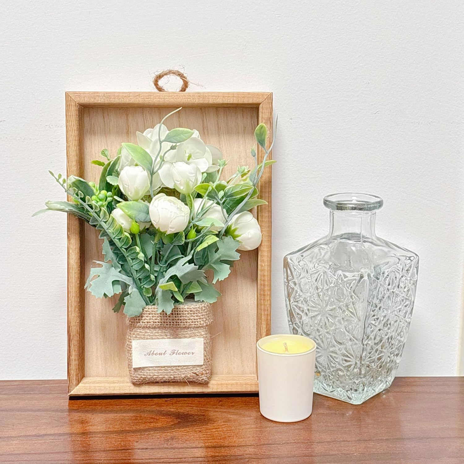 Midrodlle Artificial Hanging Plants Wall D&eacute;cor in Wooden Frame (22.8 X 15.5 Cm), Fake Flowers Wall Art Indoor Decorations-Aisha White Roses image number 4