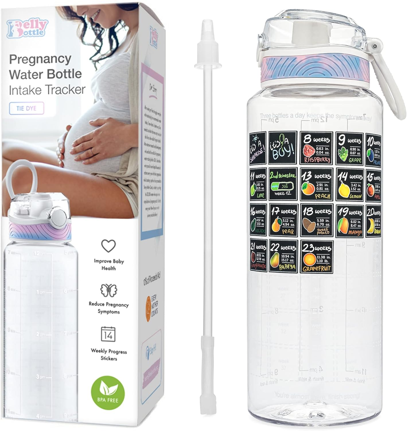 Bellybottle Pregnancy Water Bottle Tracker &ndash; Pregnancy Must Haves First Trimester &ndash; Pregnancy Gifts for Expecting Mom &ndash; Pregnancy Essentials Nausea Relief &ndash; Weekly Stickers + Straw + BPA Free &ndash; Tidye
