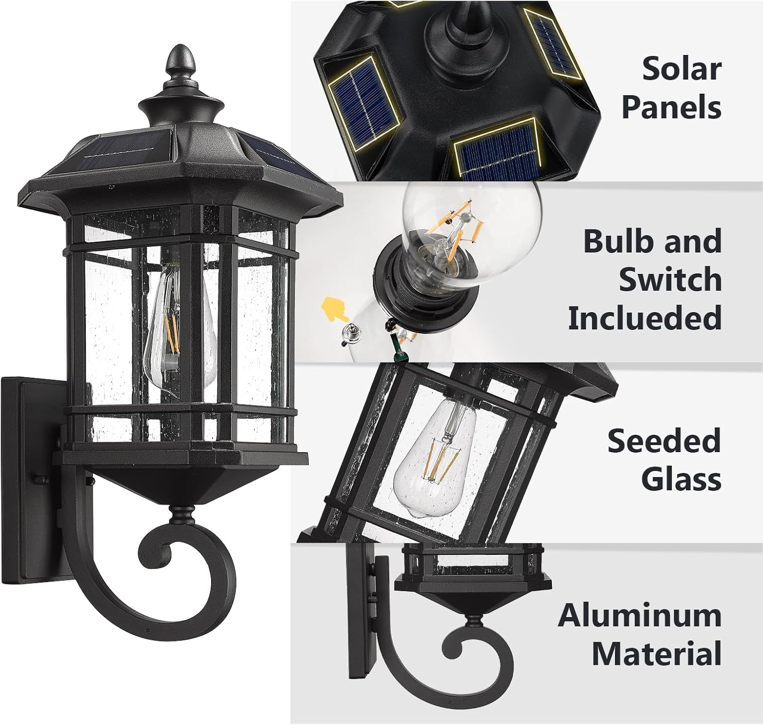 EMLIVIAR Solar LED Wall Light Outdoor,Dusk to Dawn Solar Porch Light with Remote Control, Black Finish with Seeded Glass, Bulb Included, 22021M-SL BK image number 4