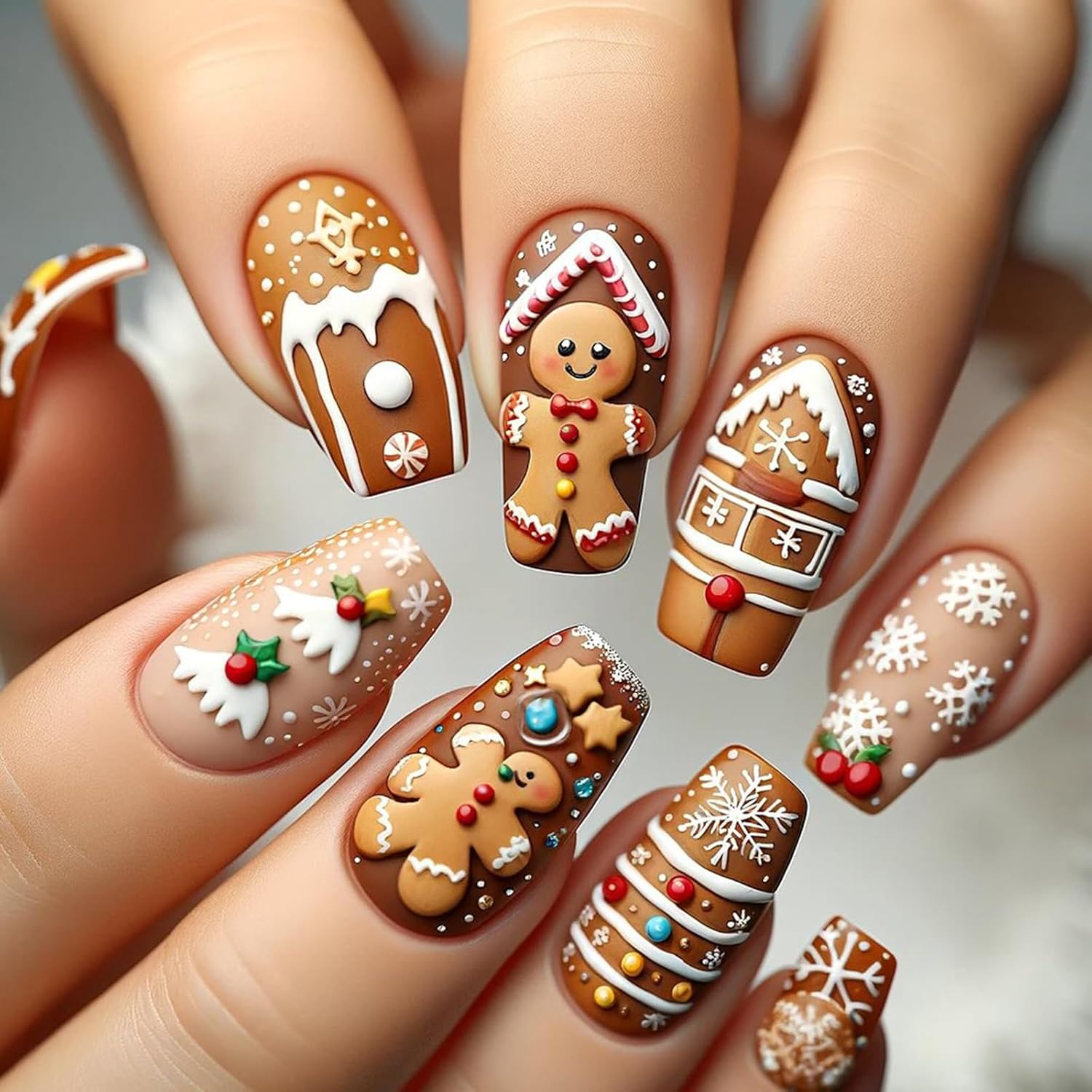 24 PCS Press on Nails Christmas Fake Nails Gingerbread Man Fake Nails Snowflake Fake Nails Medium Fake Nails Gifts for Women and Girls (No.107) - Style 11 image number 4