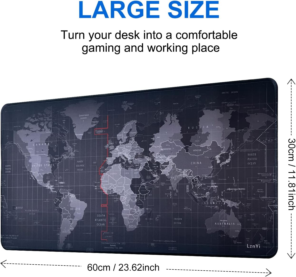 Lznyi Mouse Pad Large Gaming Desk Mat Extended Mousepad with Personalized Design Keyboard Pad for Laptop, Computer and PC - 600X300Cm Black World Map image number 4