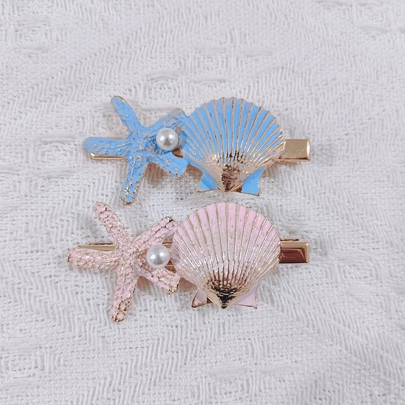 RFTWXHPN Mermaid Starfish Seashell Hair Clips for Women Girls Starfish Shell Hair Clip 2Pcs Metal Mermaid Shell Hair Barrettes Pearl Seashell Hairpin Beach Mermaid Hair Accessories, Blue and Pink image number 4