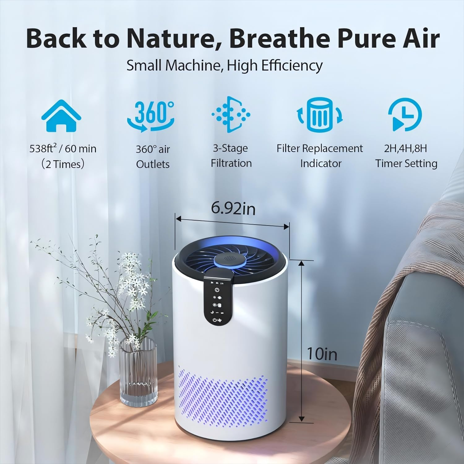 Air Purifiers for Home, Air Purifier for Bedroom up to 50㎡, Room Air Purifier with 3-In-1 Filter for Dust Dander Odors Smoke, Small Air Purifier with Timer, Sleep Mode for Office Bedroom image number 1