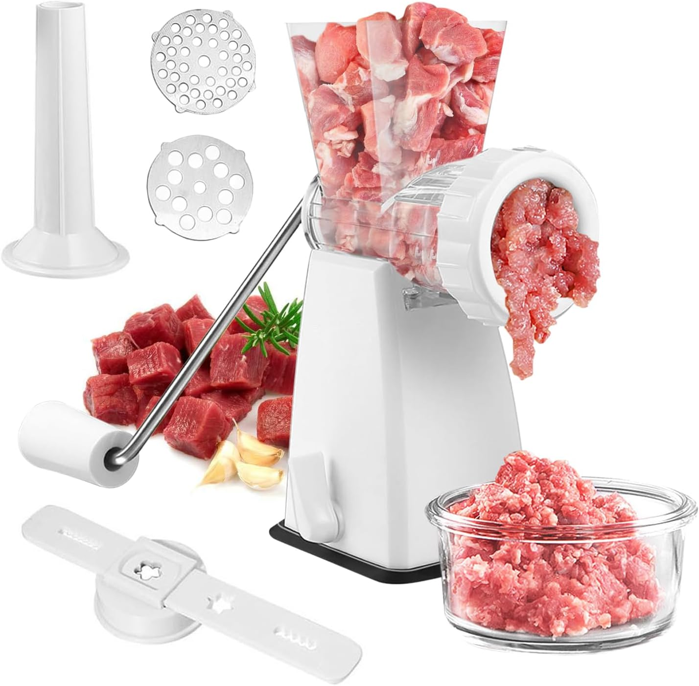 Manual Meat Grinder with Heavy Duty Suction Base &ndash; Stainless Steel Blades 2 Cutting Plates Sausage Stuffer Tube Cookie Dough Shaper & Pusher 3-In-1 Multifunctional Food Mincer for Meat Veggies Baking image number 5