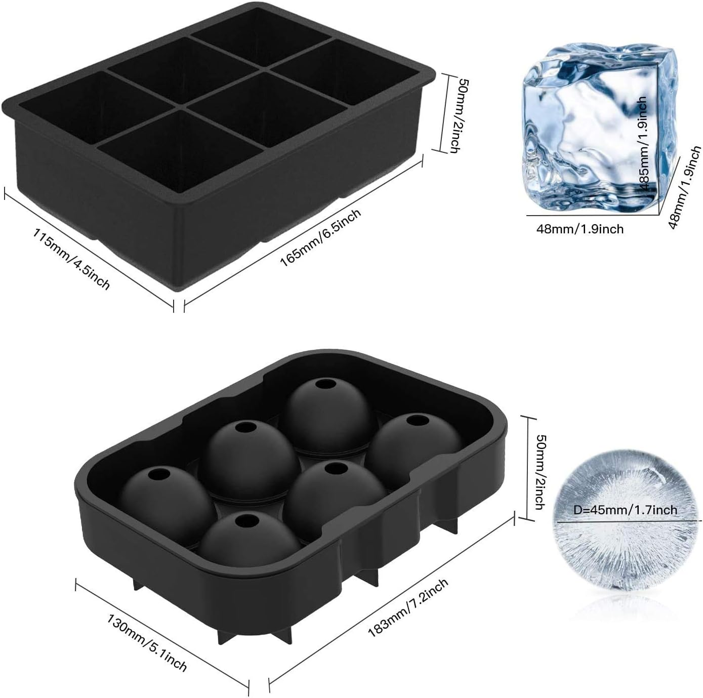Ice Cube Trays (Set of 2), Reusable & BPA Free Silicone Sphere 6 Giant Ice Ball Cube Maker Use for Kids with Candy Pudding Jelly Milk Juice Chocolate Mold or Cocktails Whiskey Particles,Black