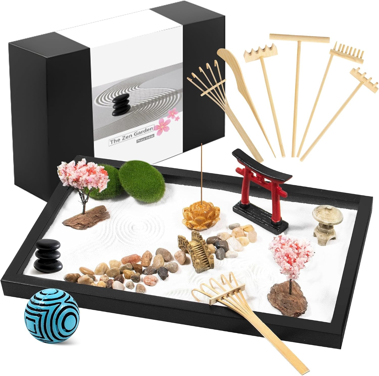 Zen Garden Kit for Desk Decor &ndash; Japanese Mini Zen Sand Garden with 10+ Tools & Accessories, Bamboo Rakes, Torii Gate, Incense Holder & Gift Box &ndash; Stress Relief Desk Ornament for Home & Office image number 3