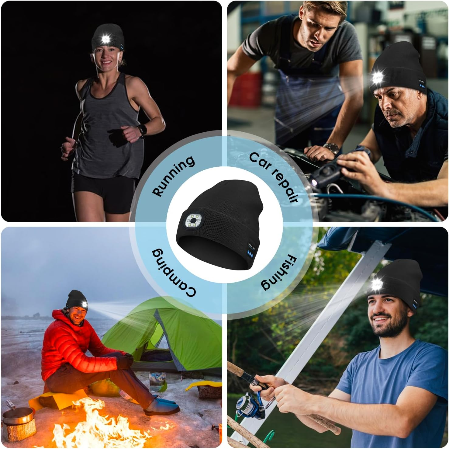Sonicefit Bluetooth Beanie Music Hat with Light, Rechargeable LED Headlamp Knit Cap with Built-In Wireless Headphones & Mic, Unisex Winter Warm Hat