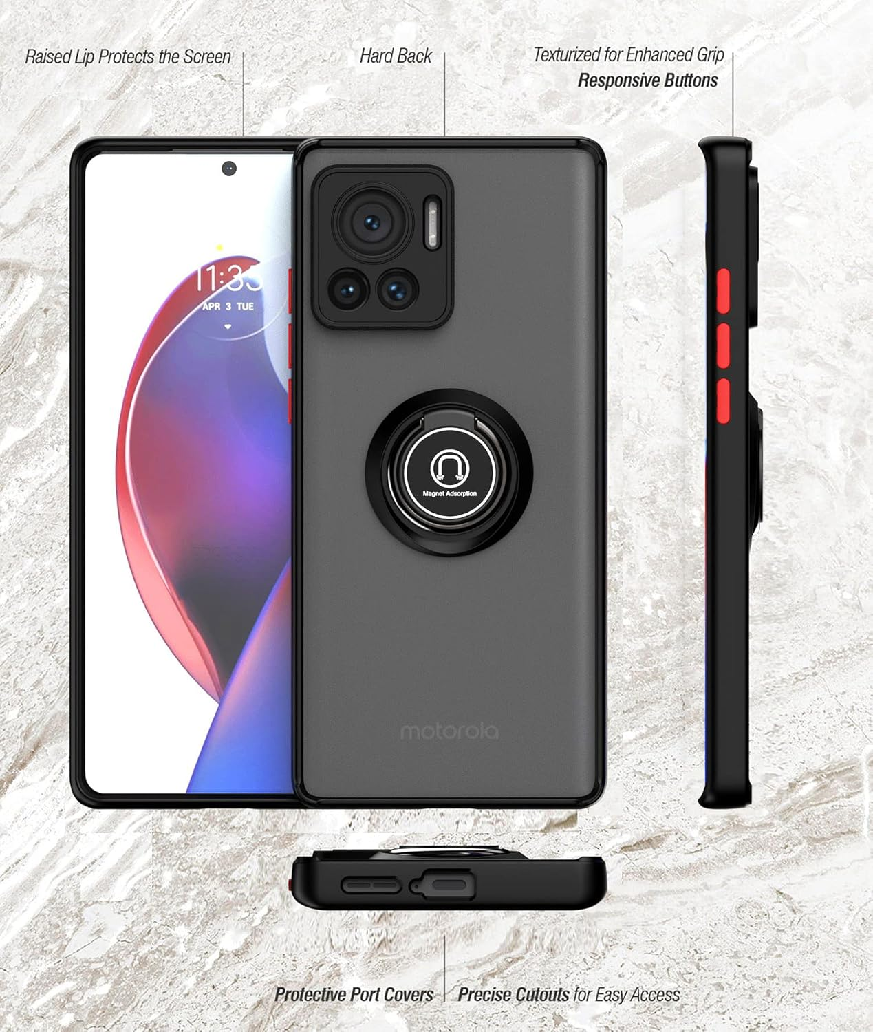 XINYEXIN Case for Motorola Edge 30 Ultra with Ring Stnad Shockproof Mobile Phone Case Anti-Scratch Translucent PC Back + Soft TPU Bumper Case Cover - Black image number 1