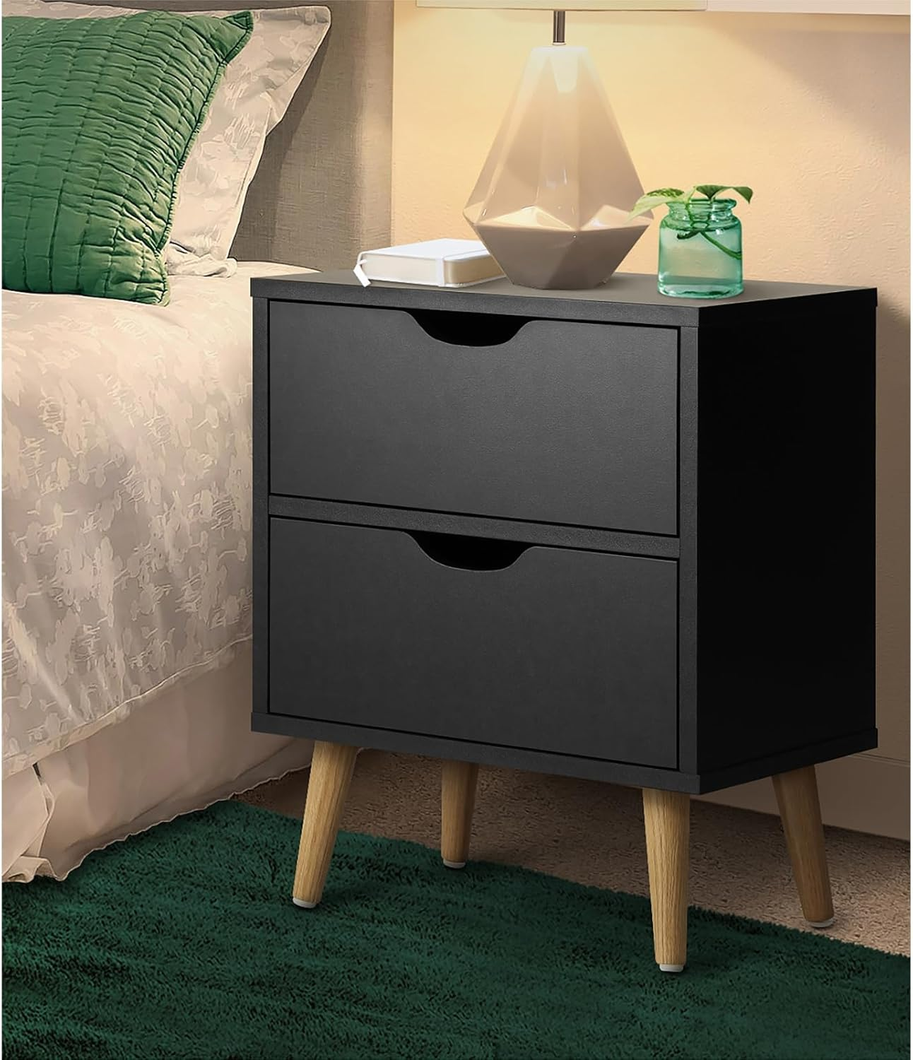 Oikiture Bedside Table with 2 Drawers, Wooden Side Table Nightstand Home Storage Furniture Black image number 4