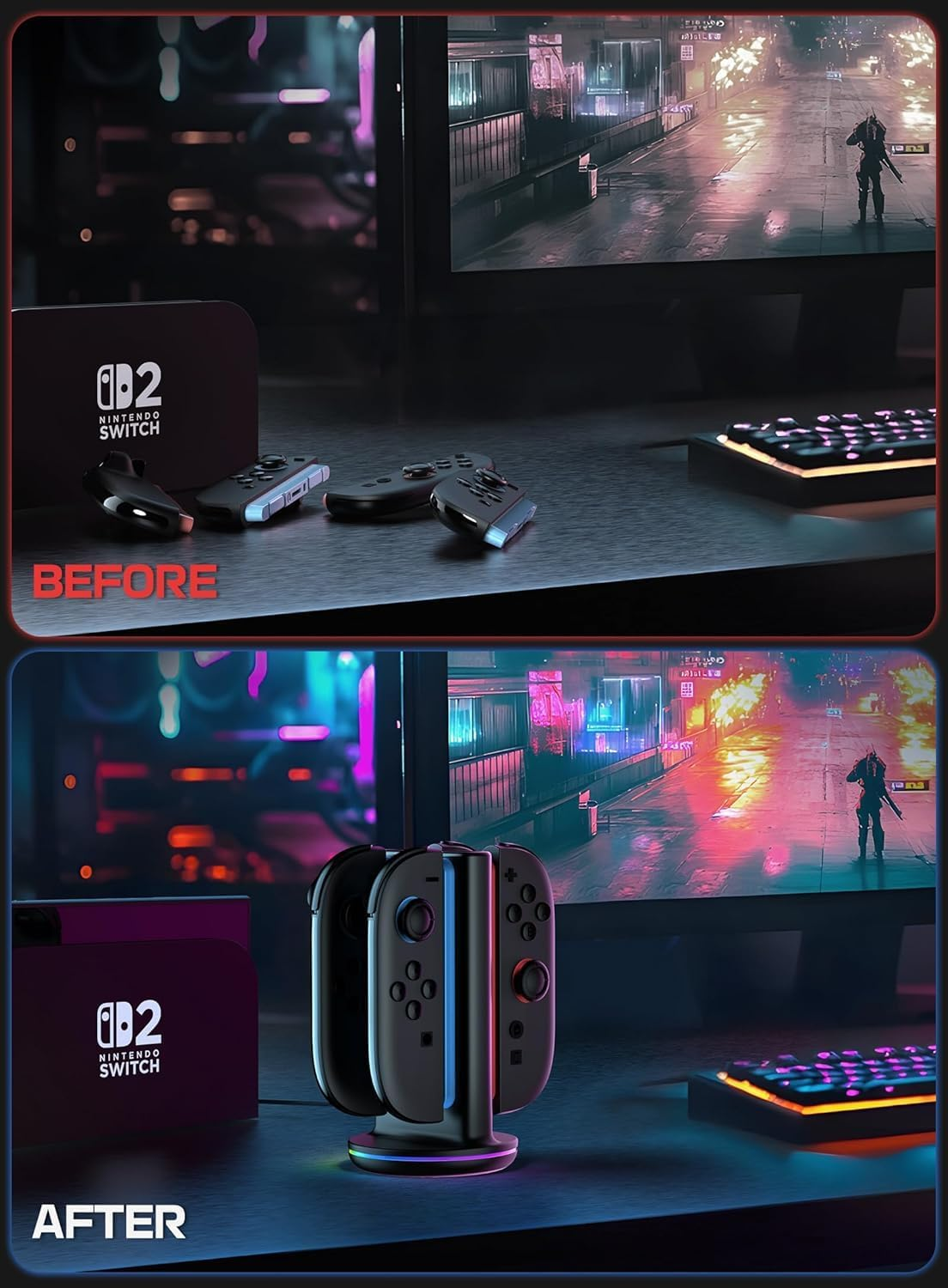 Switch 2 Charging Dock, [Support Double-Sided Charging] [9 Lighting Modes] Magnetic Controller Fast Charging Stand Station Compatible with Switch 2 Accessories image number 2