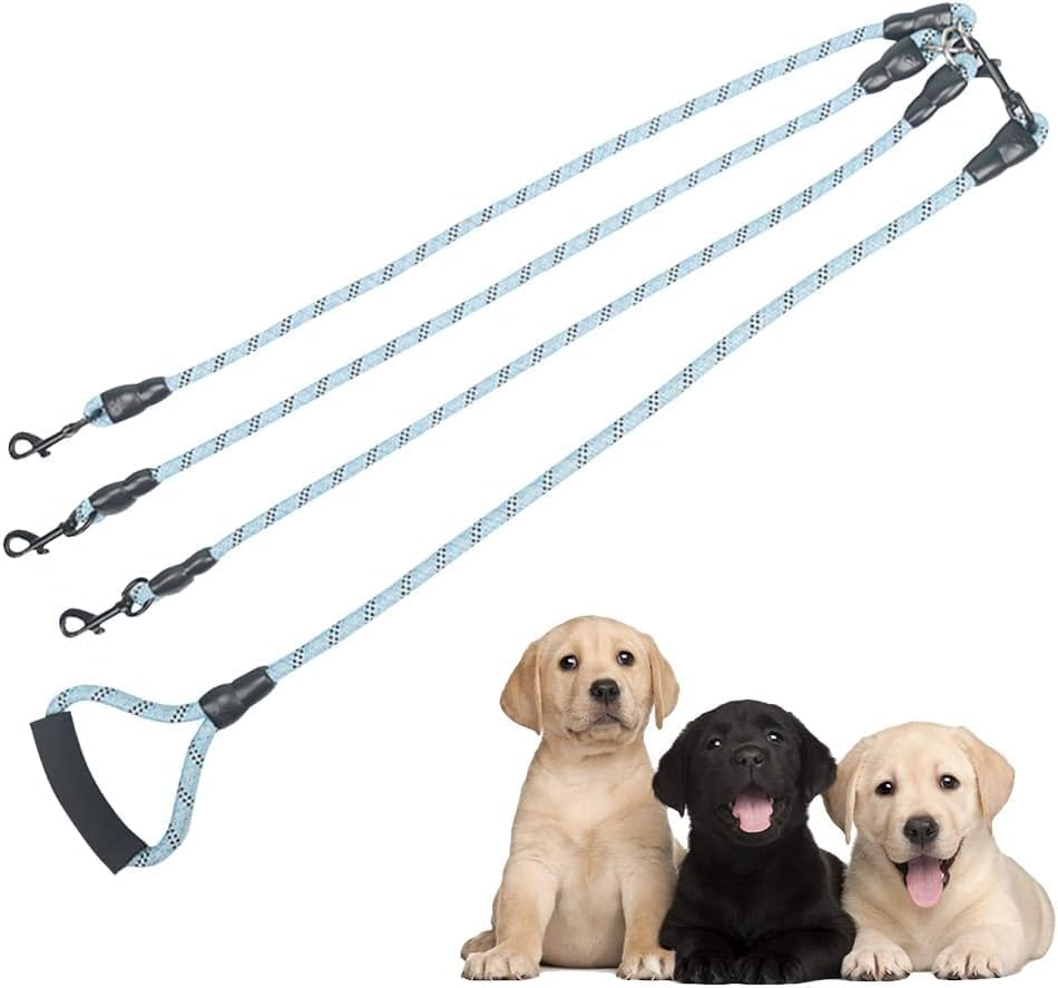 Heavy Duty 3 Dog Leash - No Tangle, Multiple Dog Leash with Detachable 360 Swivel, Soft Padded Handle, Reflective for Walking & Training (L)