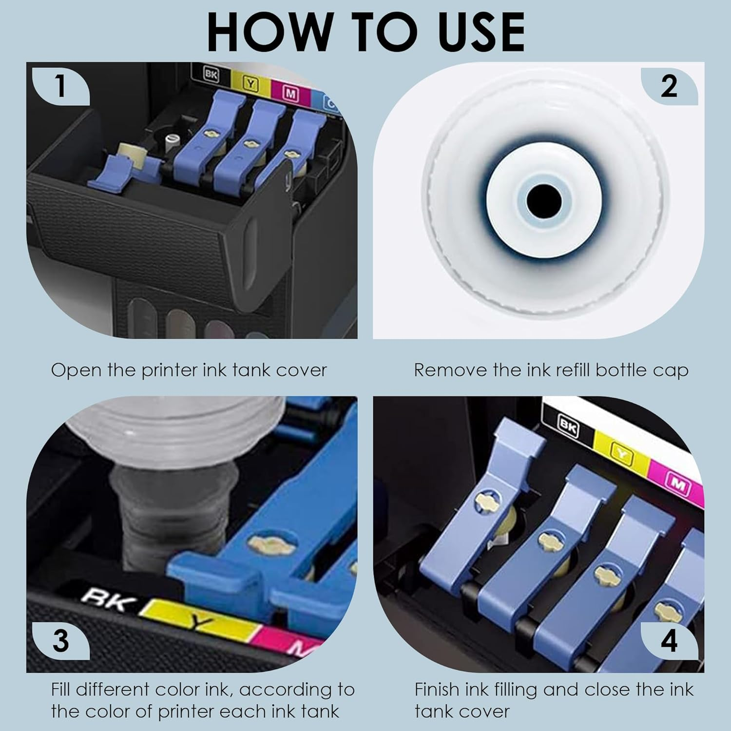 4 Pack Ink Bottle for Epson T522 [1BK+1C+1M+1Y] - Compatible with Epson Ecotank ET-1110 ET-1810 ET-2810 ET-2811 ET-2820 ET-4700 ET-4800, Expression ET-2710 ET-2720 image number 2