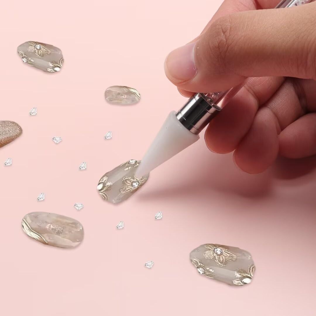OOTDAY Rhinestone Picker Dotting Pen, 2 Extra Wax Tips, Dual End Nail Tool, Rhinestone Picker Dotting Pen for Gemstones, Crystals, Stones, White
