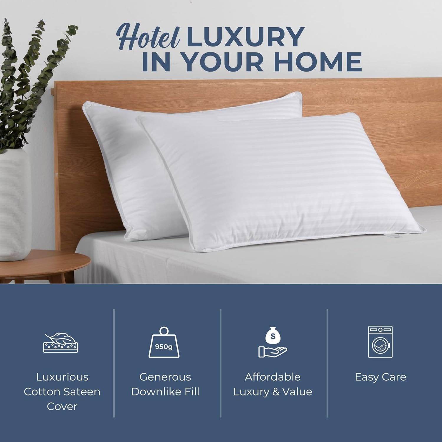 Dreamaker Hotel Collection Cotton Sateen Striped Cover Microfibre Pillow Hypo-Allergenic Anti-Dust Mite Designed to Support Neck, Side, Stomach, and Back Sleepers - Standard Size 73X48Cm (Pack of 2)