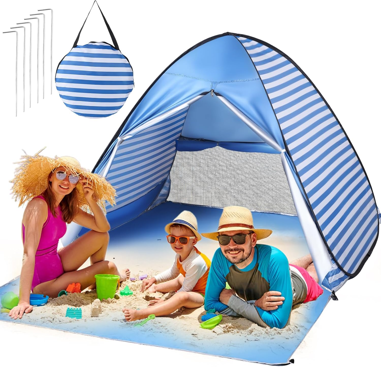 Beach Tents 3-4 Person Pop up Beach Tent Anti-Uv Beach Shade Portable Sun Shelter Foldable Instant Automatic Pop up Tent Easy Set up and Carry Beach Umbrella (Curtain Striped Blue) image number 1