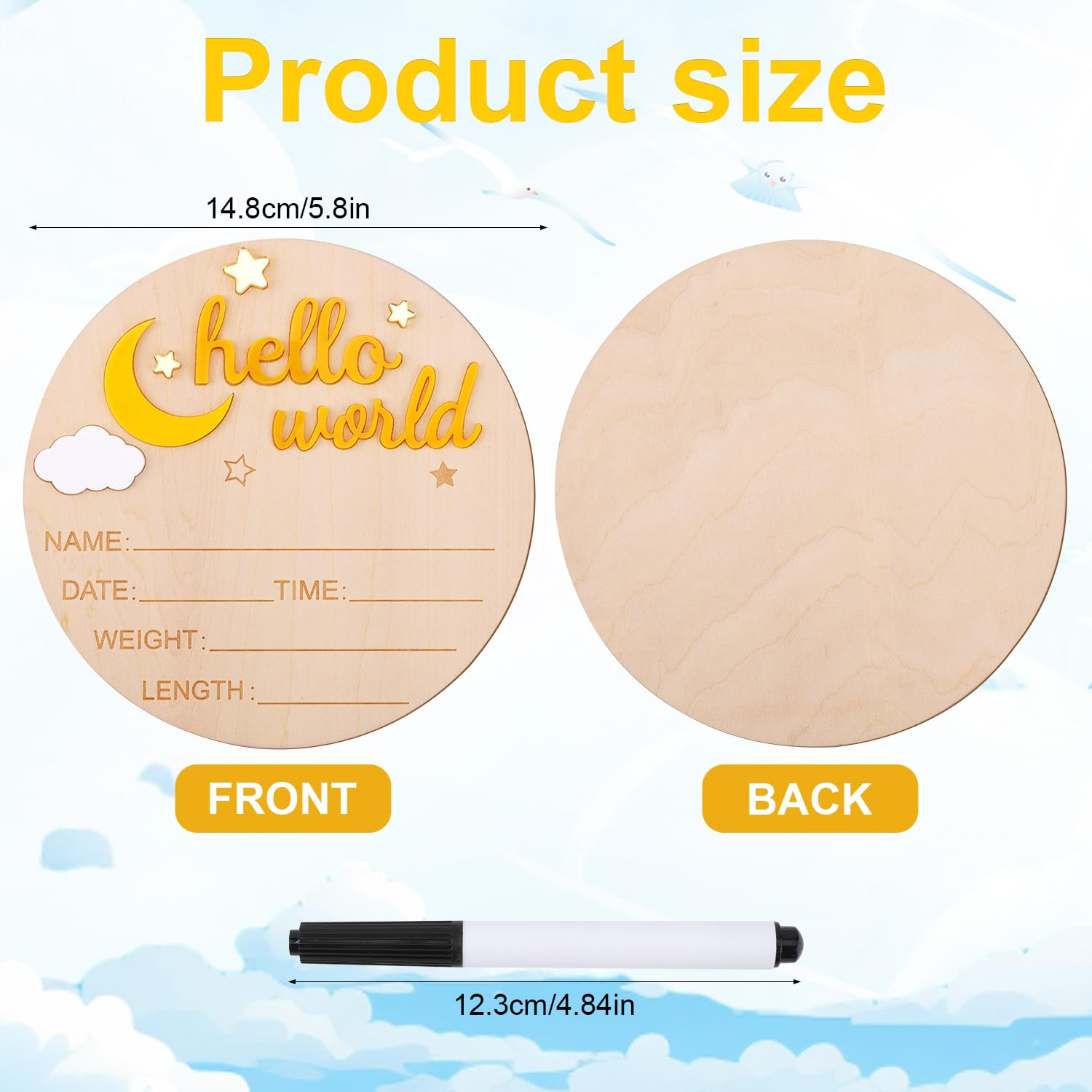 Wooden Hello World Newborn Sign, Cute Birth Announcement Board Baby Announcement Sign Newborn Welcome Sign Baby Name Plaque for Nursery Hospital Girl Boy Baby Shower Photo Props(Yellow) image number 1