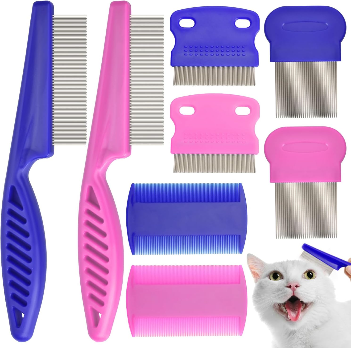 6 Pieces Stainless Steel Teeth Pet Lice Comb Set,Flea Comb for Cats & Dogs,Pet Grooming Comb for Pets Gently Removing Knots and Lice, Flea Comb for Small & Medium Pets(Blue,Pink) (Blue)