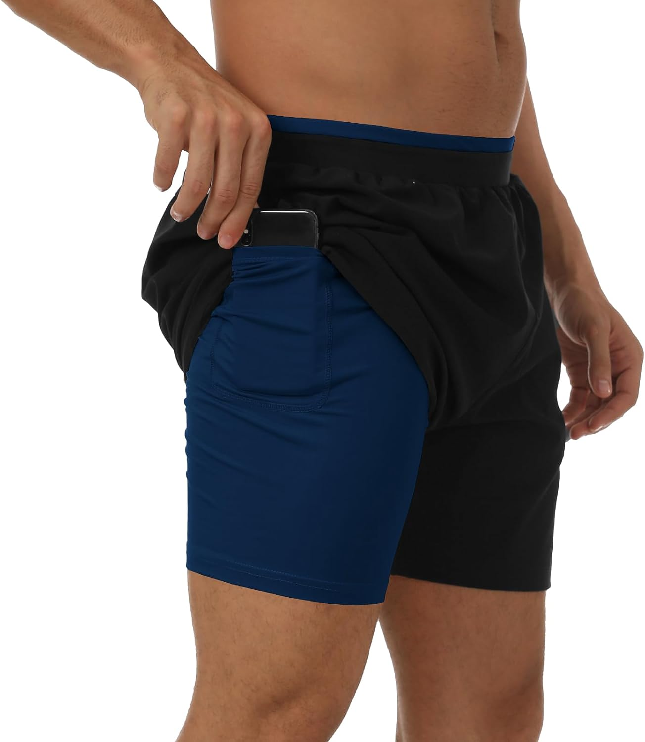 Queday Mens 2 in 1 Black Running Shorts with Liner 5 Inch Quick Dry Gym Athletic Workout Shorts with 2 Side Pockets Hidden Pocket Inner Pocket