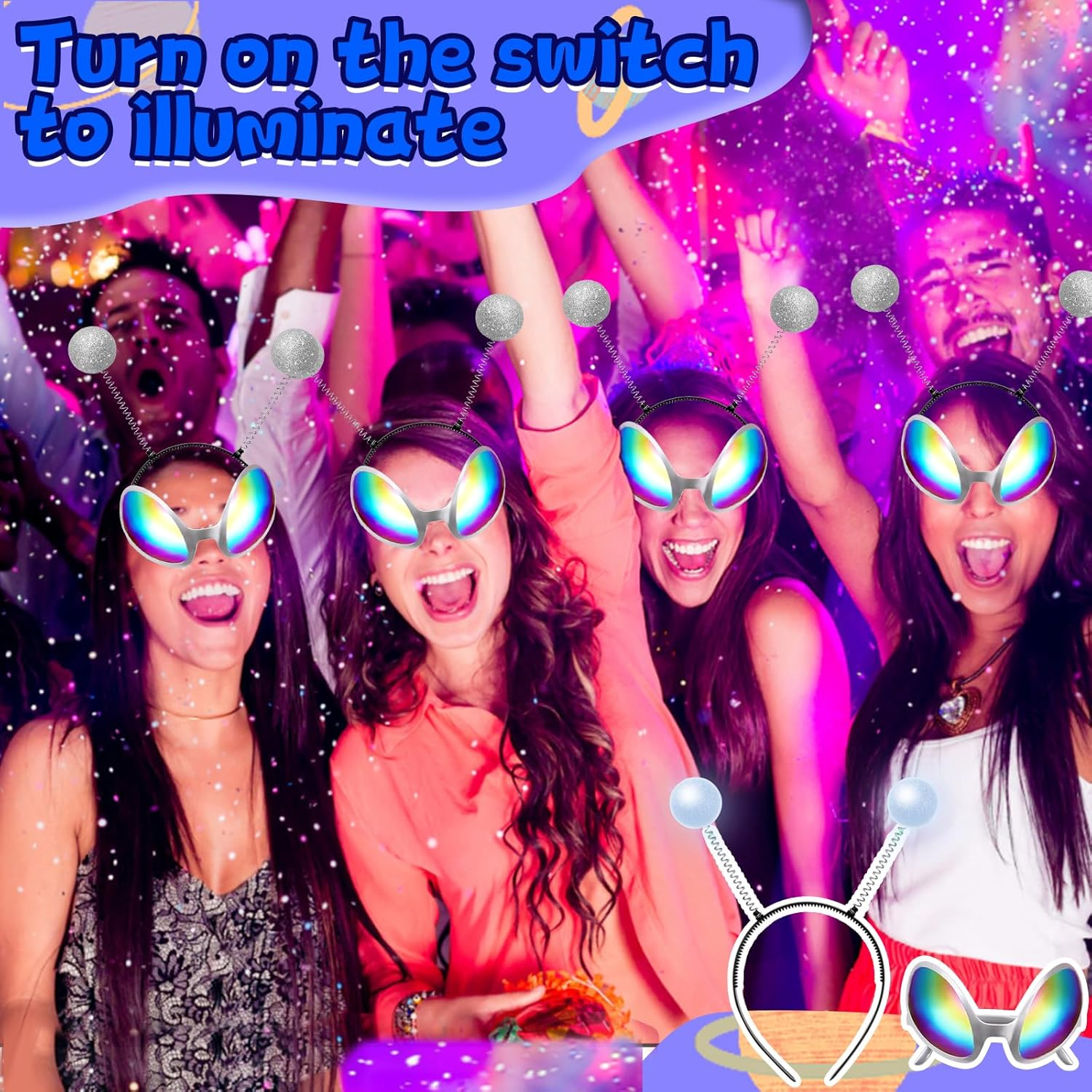 Pack of 2 Alien Glasses Costume Sunglasses, 2 Pieces Funny Martian Antenna Headband, Party Glasses, Decorative Alien Space Costume Cosplay Party Rave Accessories Halloween Carnival, Silver, image number 1