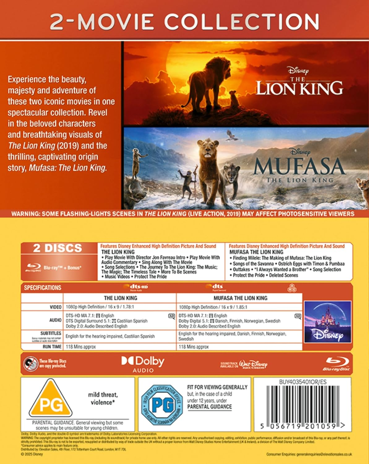 Disney'S Mufasa: the Lion King/The Lion King Double Pack (Live Action) [Blu-Ray]