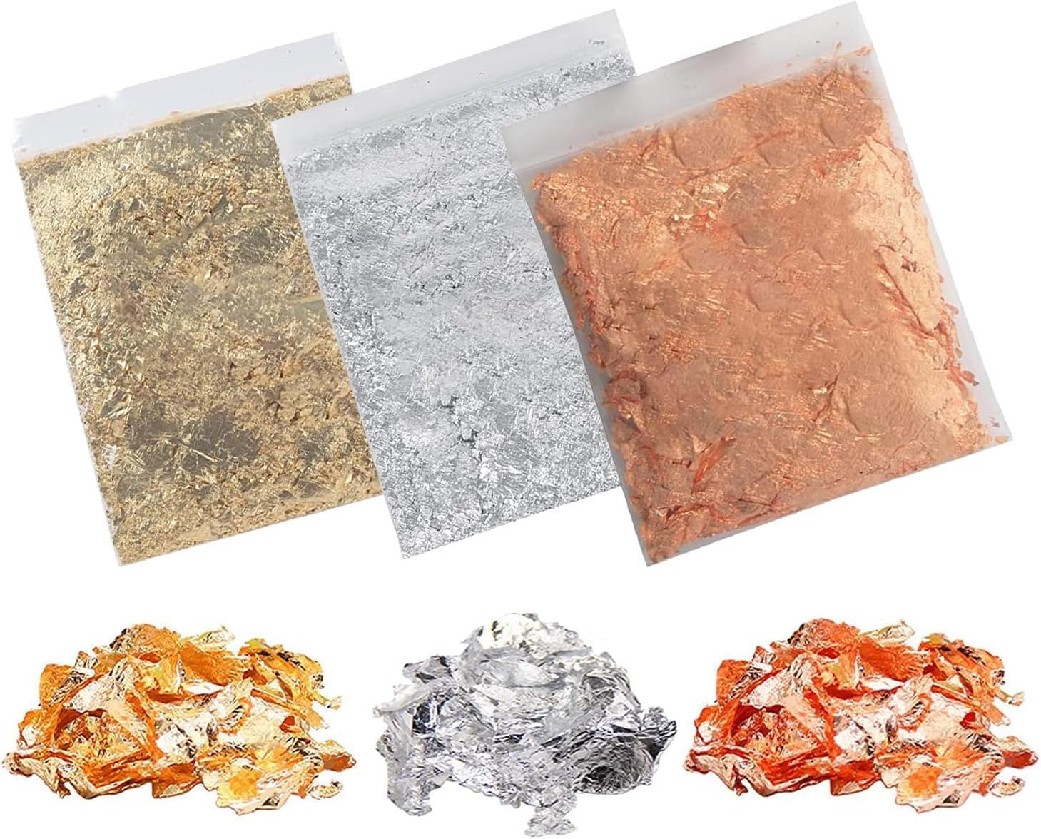 Betterjonny 45G Foil Flakes - 3 Colors Imitation Gold, Silver, Rose Gold Metallic Leaf for Decoration, Arts, Nail Painting, Gilding, Crafting image number 6