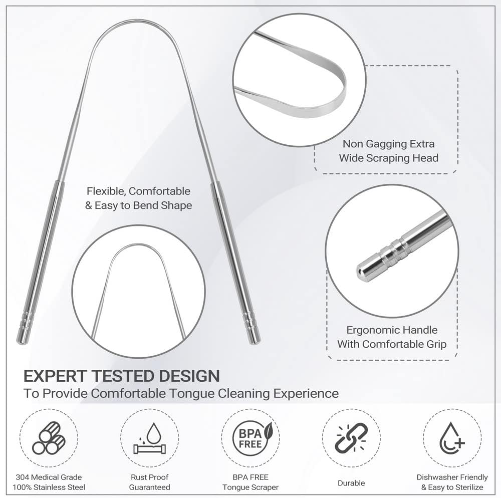2 Pack Tounge Scrapers, Cure Bad Breath Stainless Steel Tongue Cleaner Metal Scrubber with Travel Case for Adults, with Non-Synthetic Grip Surgical Grade Dental Kit for Eliminating Halitosis Treatment image number 6