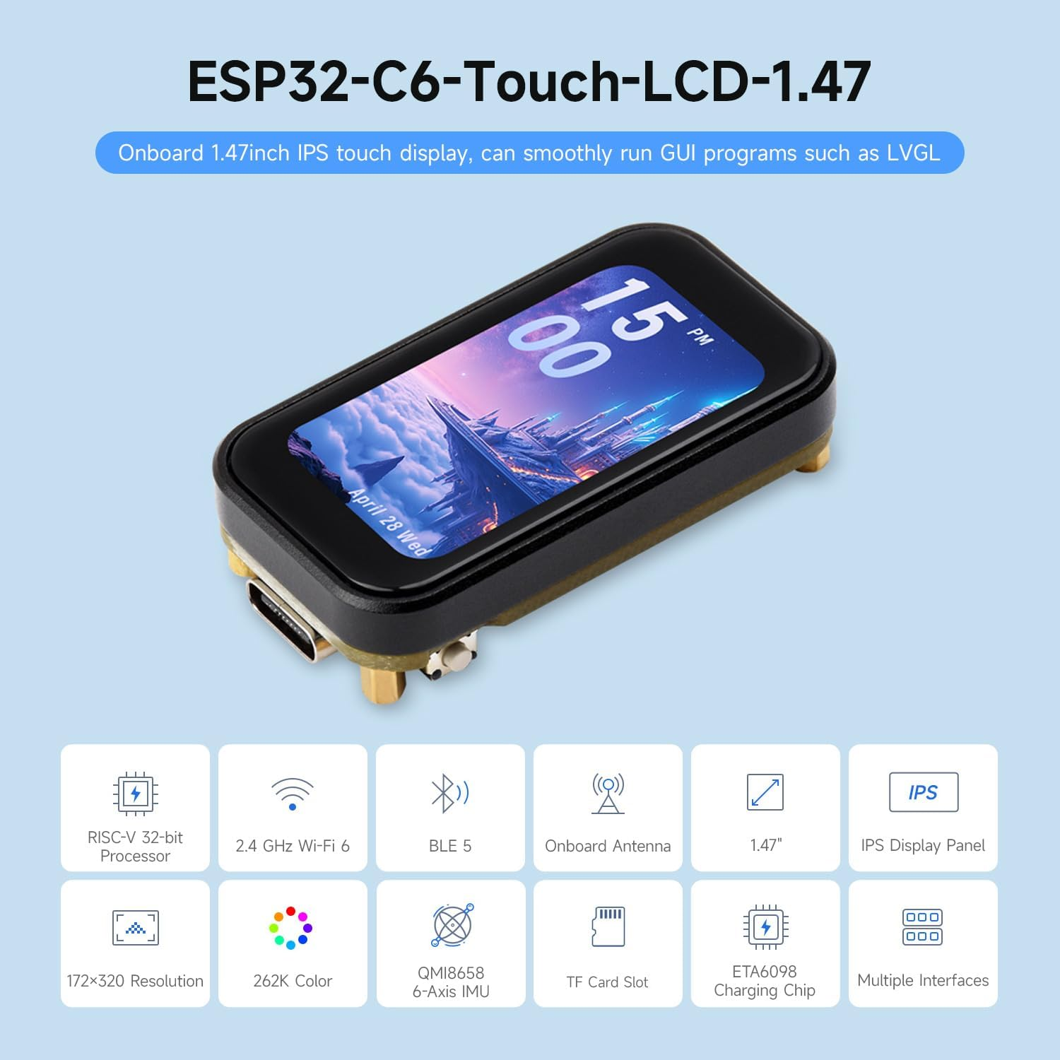 Waveshare ESP32-C6 1.47Inch Touch Display Development Board, 172&times;320 Resolution, 262K Display Color, Supports W-FI 6 / BLE 5, 160Mhz RISC-V Processor