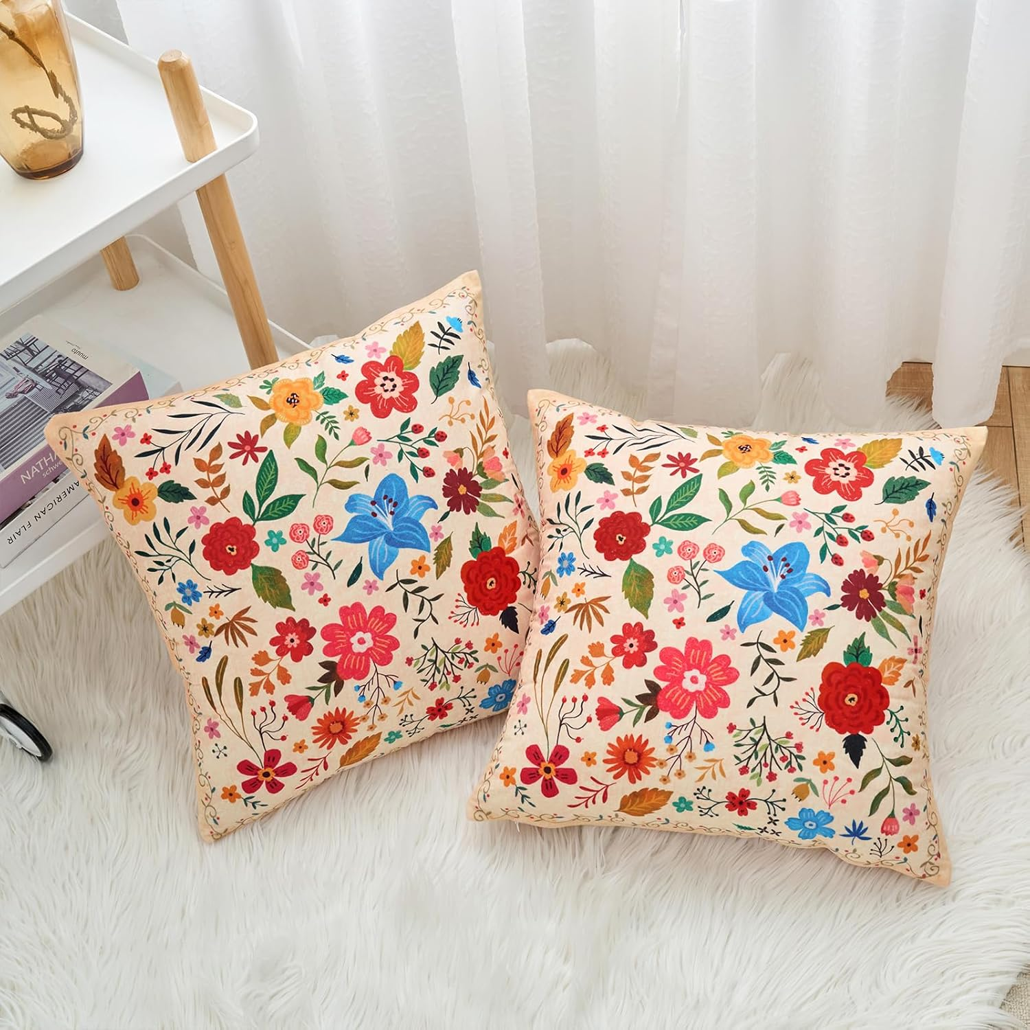 EDTOY Floral Pillow Covers 16X16 Set of 2,Beige Farmhouse Floral Pillow Covers Decorative Double Sided Pattern Cushion Cover Soft Pillow Case for Living Sofa Room Bed Porch Patio Square Pillow Cover image number 6