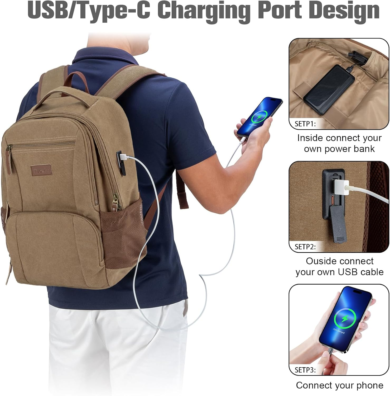 Tzowla Canvas Laptop College Backpack for Men and Women,Travel Work Vintage Rucksack with Usb/Type-C Charging Port,Lightweight Bookbag Hiking Casual Daypack Backpacks Fit 15.6 Inch Notebook